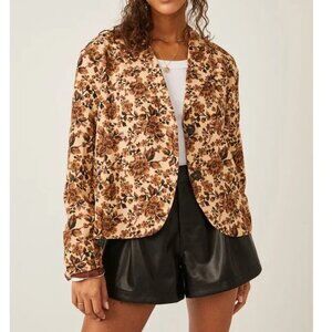 Free People Cali Floral Print Blazer Retro Floral Pattern Brown Beige Sand Combo